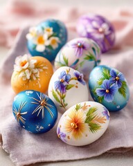 Fototapeta premium Decorative Easter eggs adorned with floral designs on a cloth 