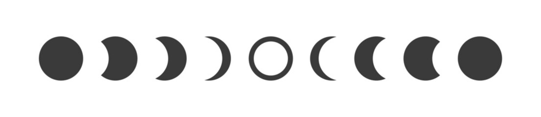 Moon phases astronomy icon set. The whole cycle from new moon to full moon. Night space astronomy concept.Isolated on background.