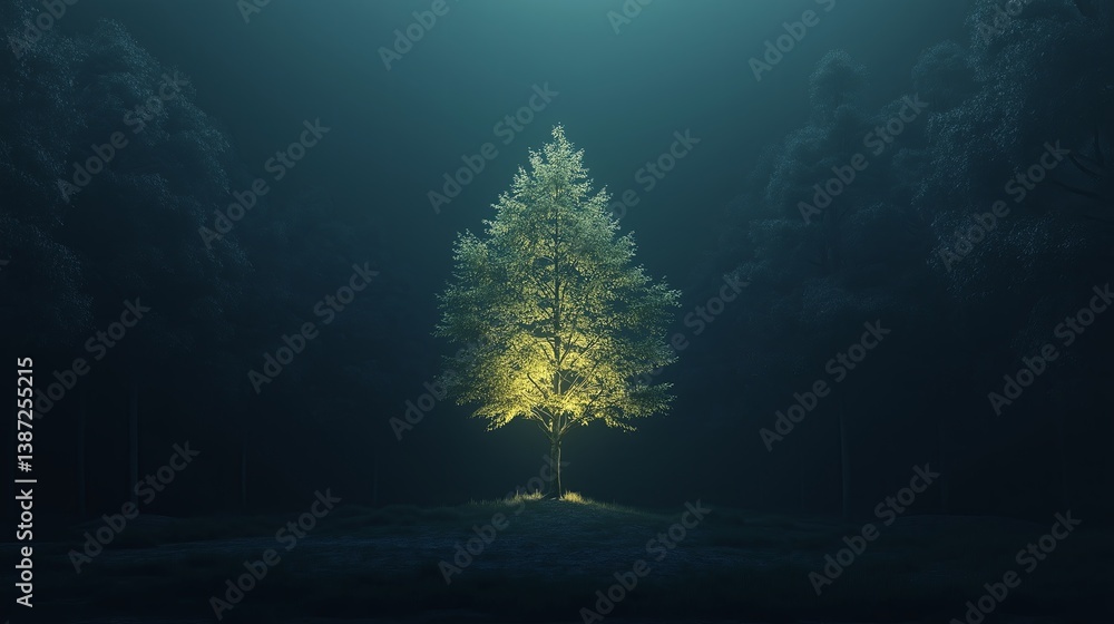 Poster A minimalist forest scene with a single illuminated tree