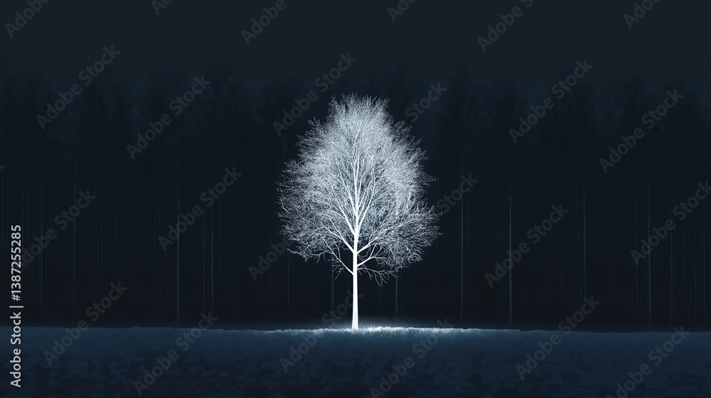Poster A minimalist forest scene with a single illuminated tree