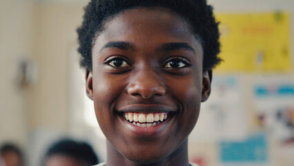 Joyful Gaze: A close-up shot captures a young black person with a warm, genuine smile. The vibrant facial expression radiates happiness, contentment, and approachability.