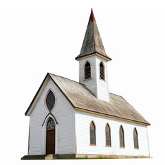 Fototapeta premium Charming White Wooden Church with Steeple and Arched Windows on Transparent Background