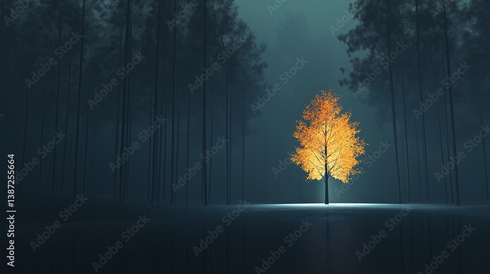 Poster A minimalist forest scene with a single illuminated tree