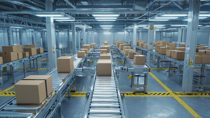 Warehouse Workflow: A meticulously organized warehouse showcases a steady flow of packages traveling along conveyor belts, epitomizing industrial efficiency and logistical prowess.