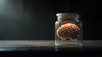A realistic brain preserved in a glass jar, showcasing intricate details and textures, with dramatic lighting.