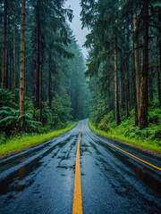 Rain-soaked forest road view from a car.