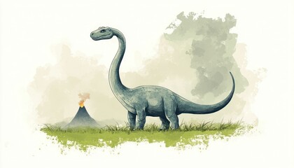 Watercolor depiction of a long-necked dinosaur in a prehistoric landscape illustration