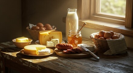 Carnivore diet. A beautifully arranged table with a variety of meats and cheeses