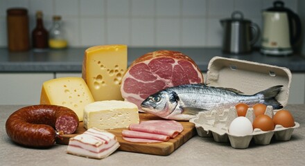 Carnivore diet. A beautifully arranged table with a variety of meats and cheeses