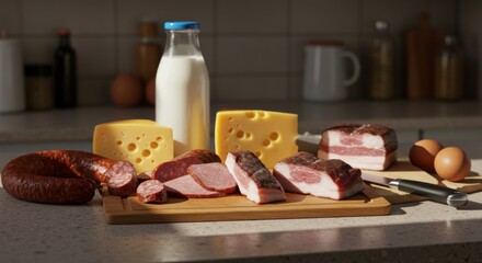 Carnivore diet. A beautifully arranged table with a variety of meats and cheeses