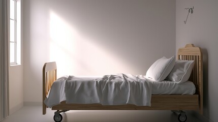 A serene, sunlit hospital room featuring a wooden hospital bed with crisp white bedding.