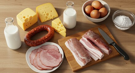 Carnivore diet. A beautifully arranged table with a variety of meats and cheeses