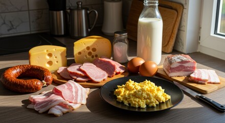 Carnivore diet. A beautifully arranged table with a variety of meats and cheeses
