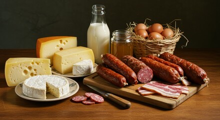 Carnivore diet. A beautifully arranged table with a variety of meats and cheeses
