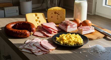Carnivore diet. A beautifully arranged table with a variety of meats and cheeses