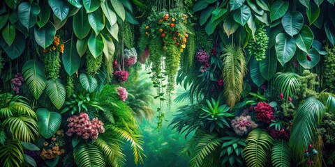 Obraz premium Lush Tropical Foliage Wall with Vibrant Hanging Flowers and Exotic Plants, Creating a Serene and Immersive Natural Scene