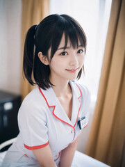 笑顔で患者に対応する看護師の若い女性