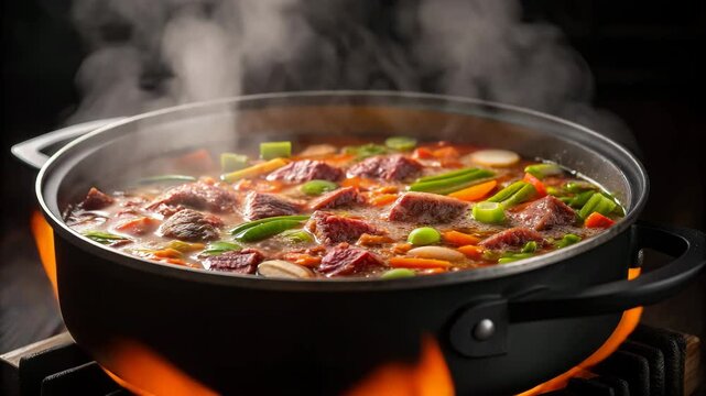 Corned beef and cabbage concept. A steaming pot filled with meat and colorful vegetables, simmering on a stovetop, creating an inviting and appetizing scene.