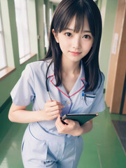 笑顔で患者に対応する看護師の若い女性
