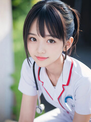 笑顔で患者に対応する看護師の若い女性