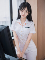 笑顔で患者に対応する看護師の若い女性