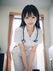 笑顔で患者に対応する看護師の若い女性
