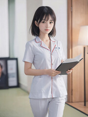 笑顔で患者に対応する看護師の若い女性