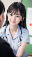 笑顔で患者に対応する看護師の若い女性