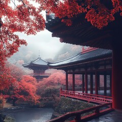 Obraz premium Misty Morning at Japanese Temple in Kyoto with Red Maple Leaves, 4K Cinematic Landscape, Serene Atmosphere, Traditional Architecture, Autumn Scenery, Zen Garden, Cultural Heritage, Spiritual Place