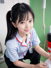 笑顔で患者に対応する看護師の若い女性