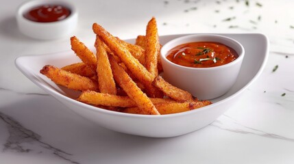 A crunchy sweet potato fries with a spicy dipping sauce. Featuring comfort and flavor