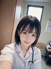 笑顔で患者に対応する看護師の若い女性
