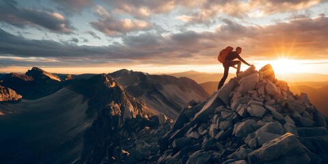 Hiker Reaching Summit at Sunrise in Majestic Mountains