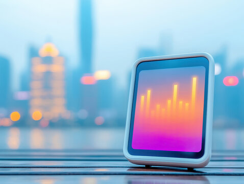 PM2.5 air pollution meter. A digital device displaying colorful data visualization against a blurred cityscape backdrop.