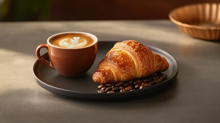 A cup of freshly brewed coffee with a croissant. Featuring warmth and elegance