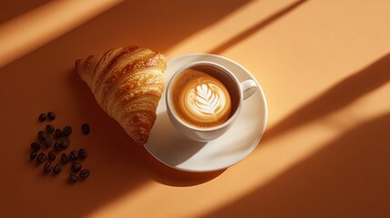 A cup of freshly brewed coffee with a croissant. Featuring warmth and elegance