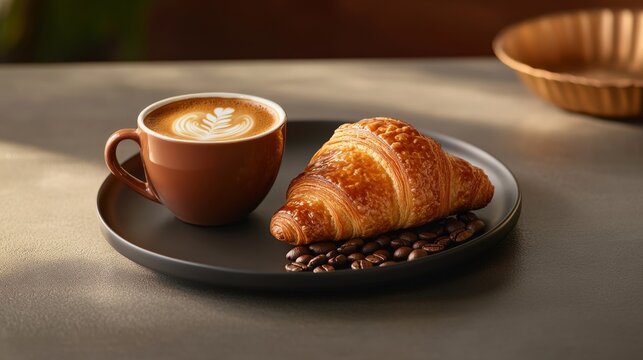 A cup of freshly brewed coffee with a croissant. Featuring warmth and elegance