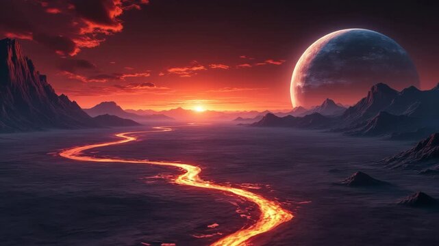 Vibrant alien landscape with a distant planet and sunset.