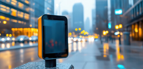 PM2.5 air pollution meter. A modern touchscreen kiosk stands on a bustling city street, illuminated by ambient lights and blurred traffic in the background.