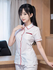 笑顔で患者に対応する看護師の若い女性