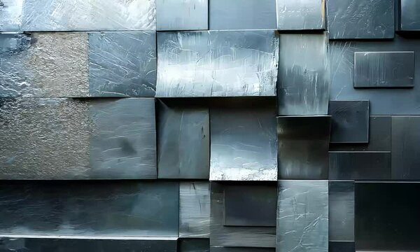 Metallic tiles transforming, revealing industrial surface