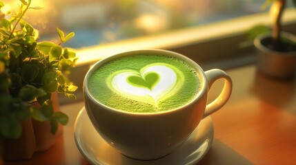 A cup of matcha latte with frothy milk and a latte art heart. Featuring elegance and calm
