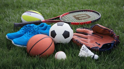 Obraz premium Sports Equipment on Grassy Field: Tennis Racket, Baseball Bat, and Soccer Ball