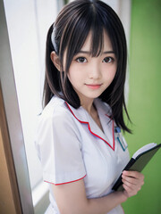 笑顔で患者に対応する看護師の若い女性