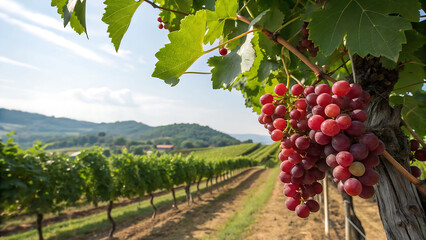 Branch of grapes ready for harvest. Picturesque aerial view of vineyard at sunset in Napa Valley, San Francisco Bay, California. Red grapes hanging in vineyard. Seasonal background.