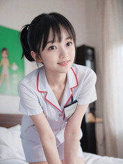 笑顔で患者に対応する看護師の若い女性