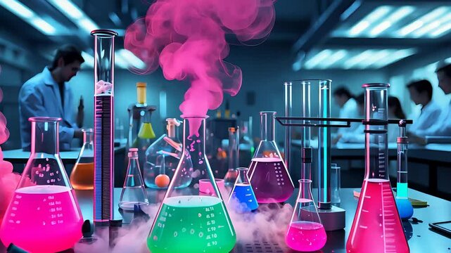 Colorful Chemical Reactions in Laboratory with Smoke and Vapor Rising from Glassware and Flasks

