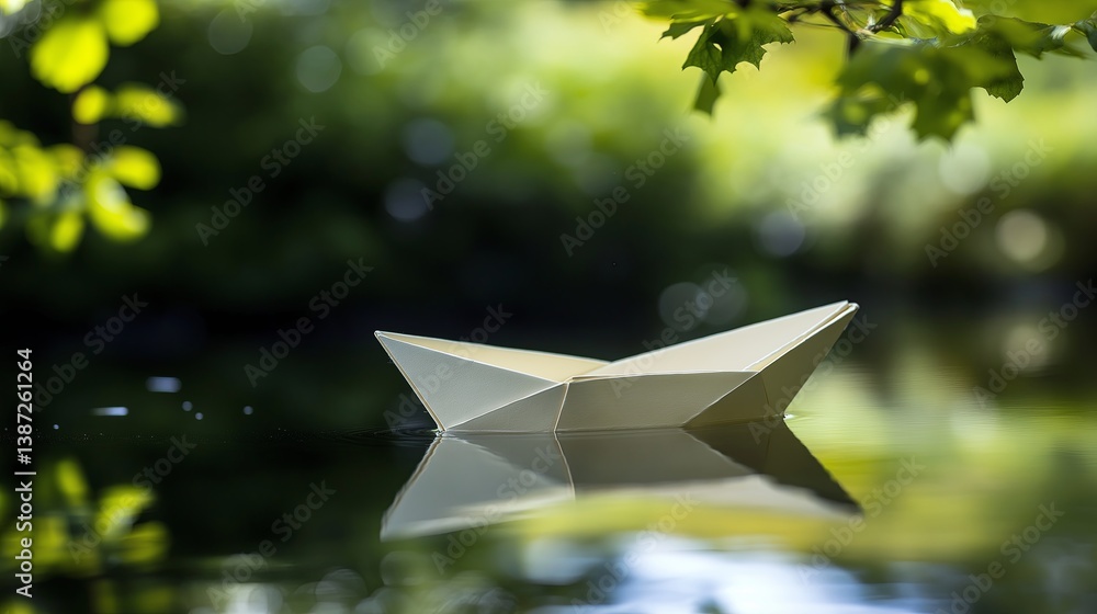 Poster a paper boat floating on a still pool of water, pure simplicity
