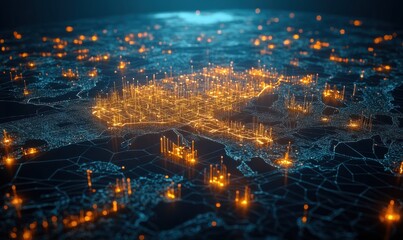 Fototapeta premium Global network, city lights, digital map, data flow, connections, technology, world map, futuristic background, illustration, stock photo
