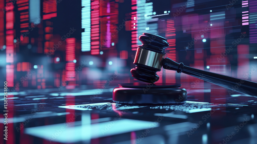 Aufkleber digital gavel symbolizes justice futuristic setting, surrounded by abstract data patterns and vibran